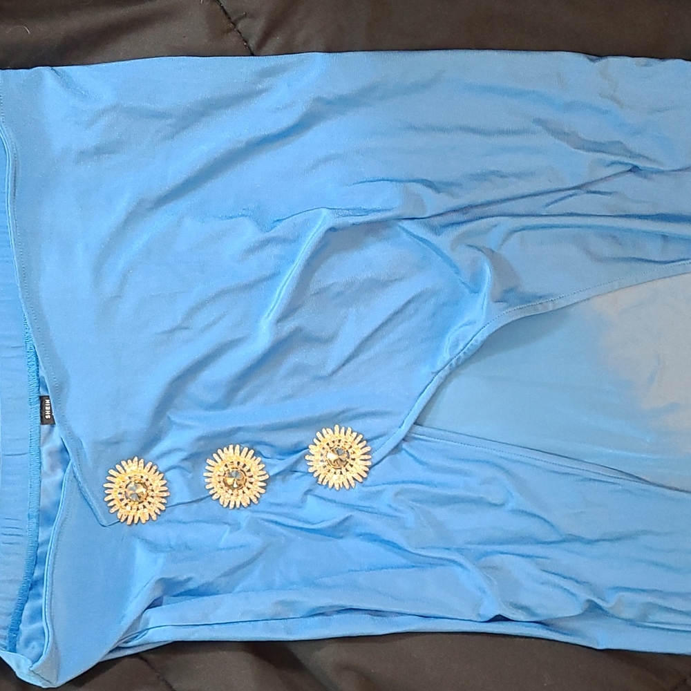 Shein skirt witha slit, light blue, rhinestone pins